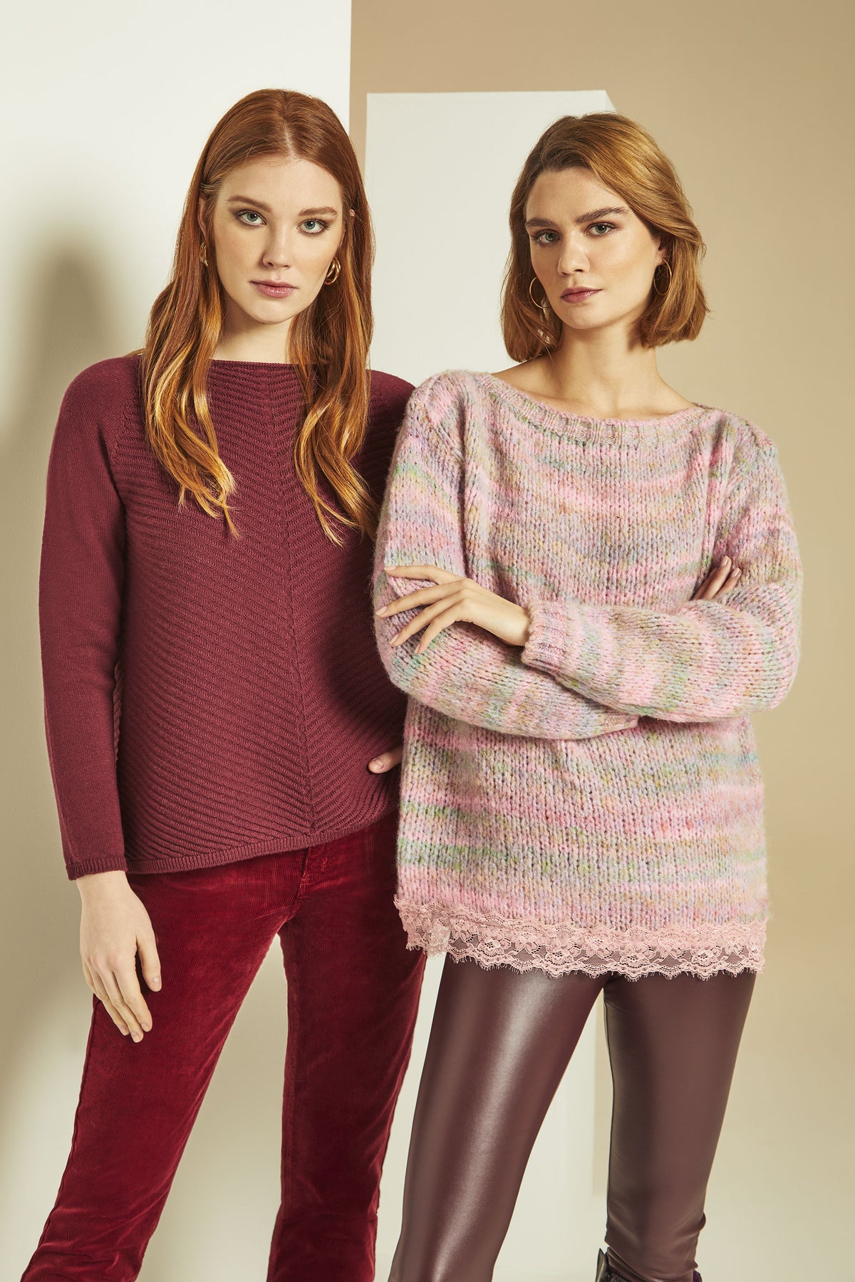 Pink melange boat neck top with lace