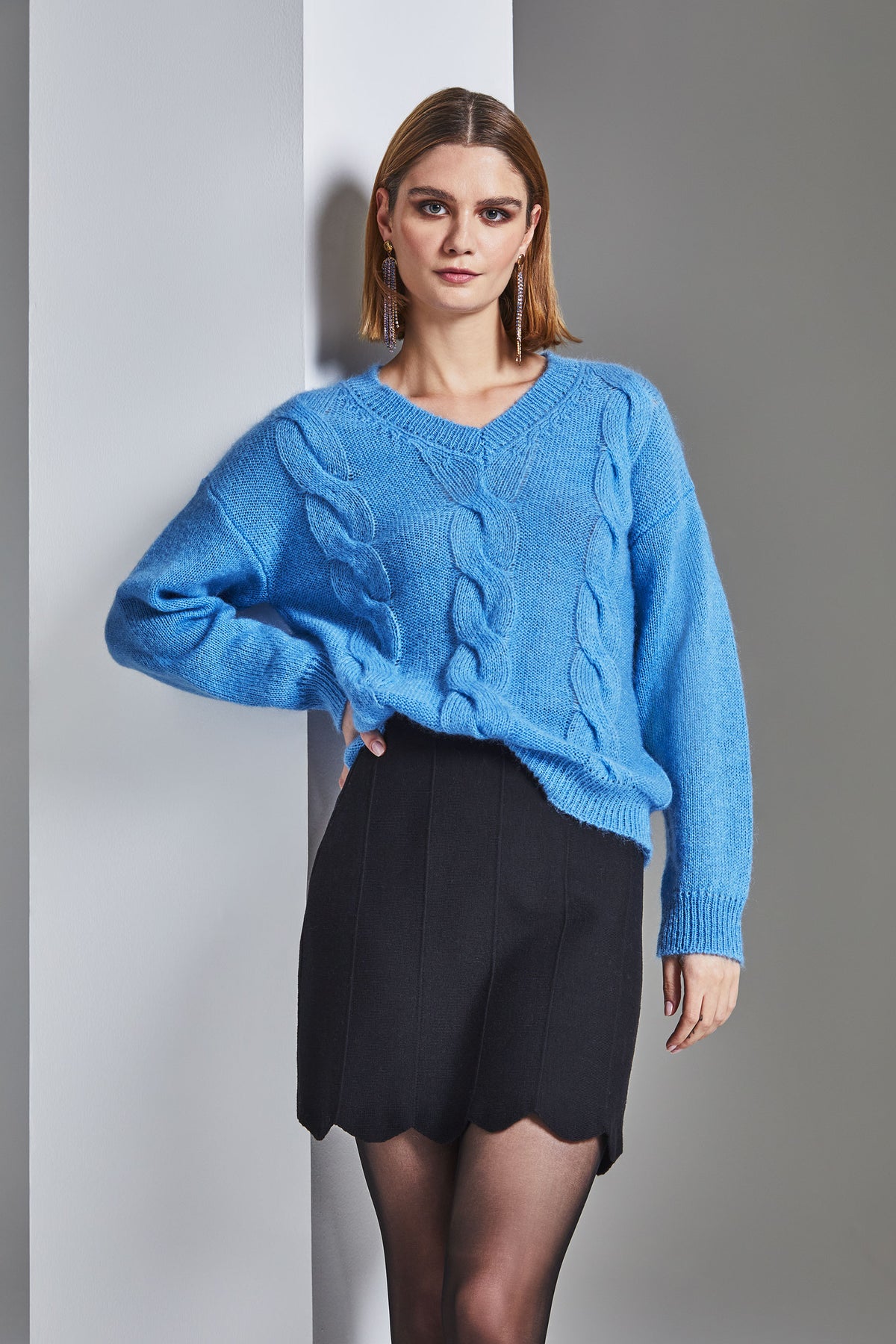 Cable knit V-neck sweater