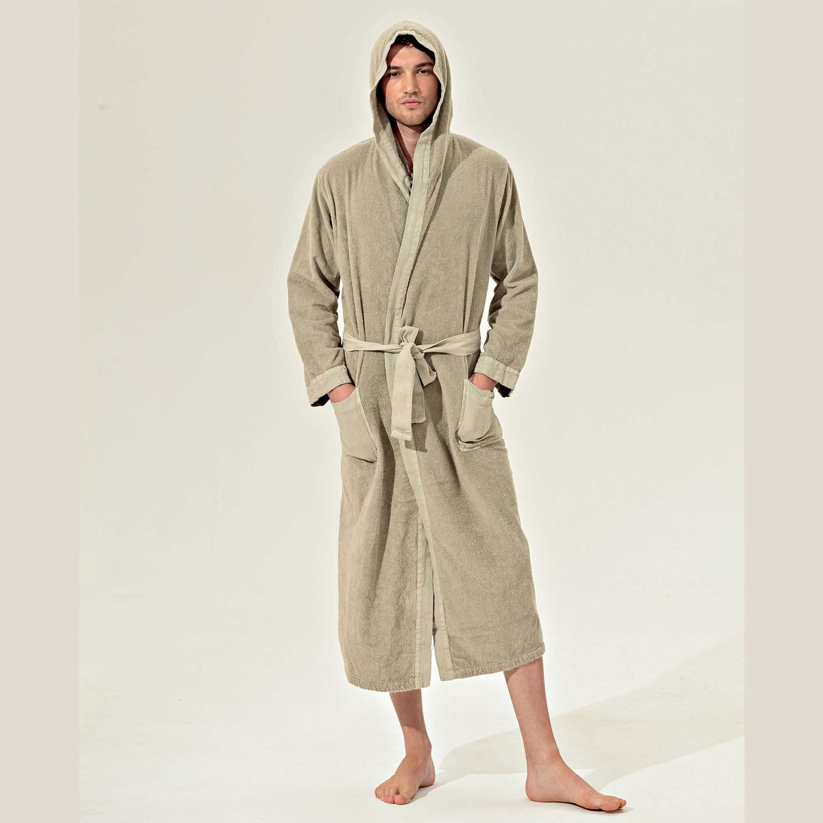 Unisex cotton shawl bathrobe with linen edges