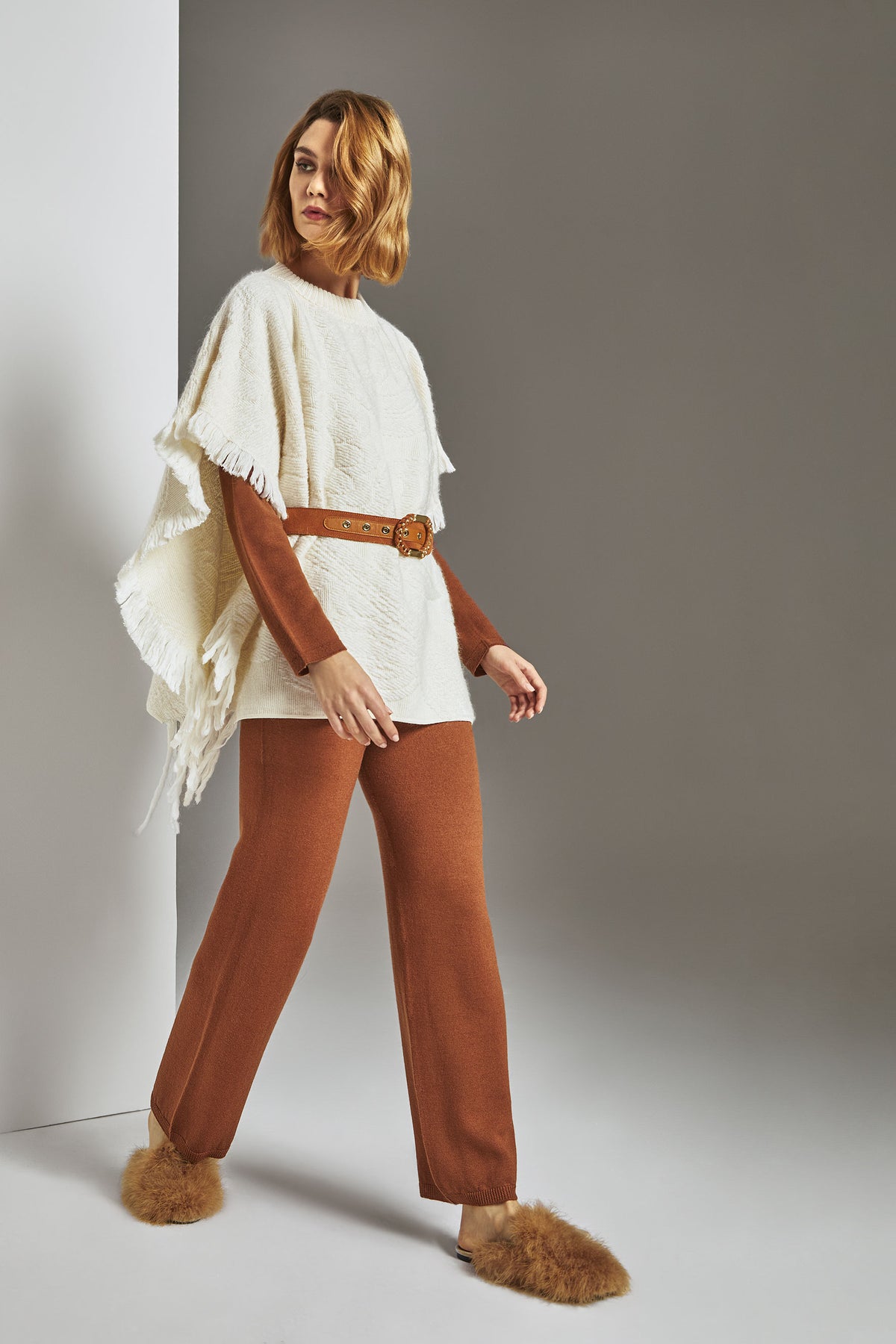 Jacquard poncho with fringe
