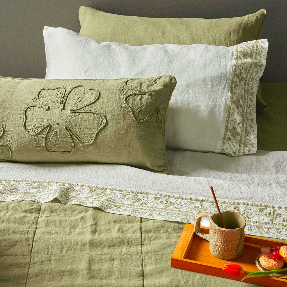 Sheet and pillowcase set with cross stitch embroidery