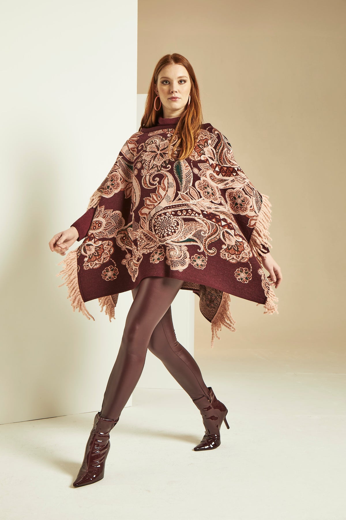 Plum jacquard poncho with trim