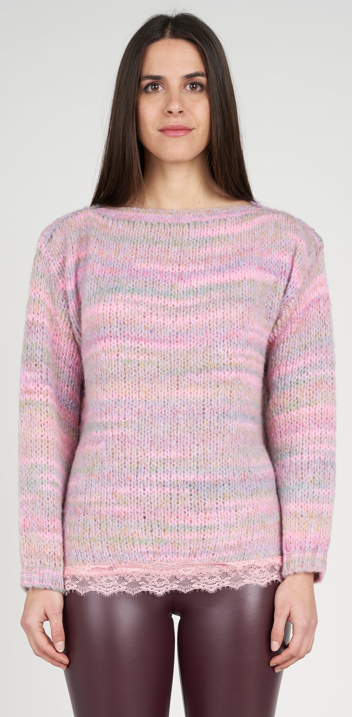 Pink melange boat neck top with lace