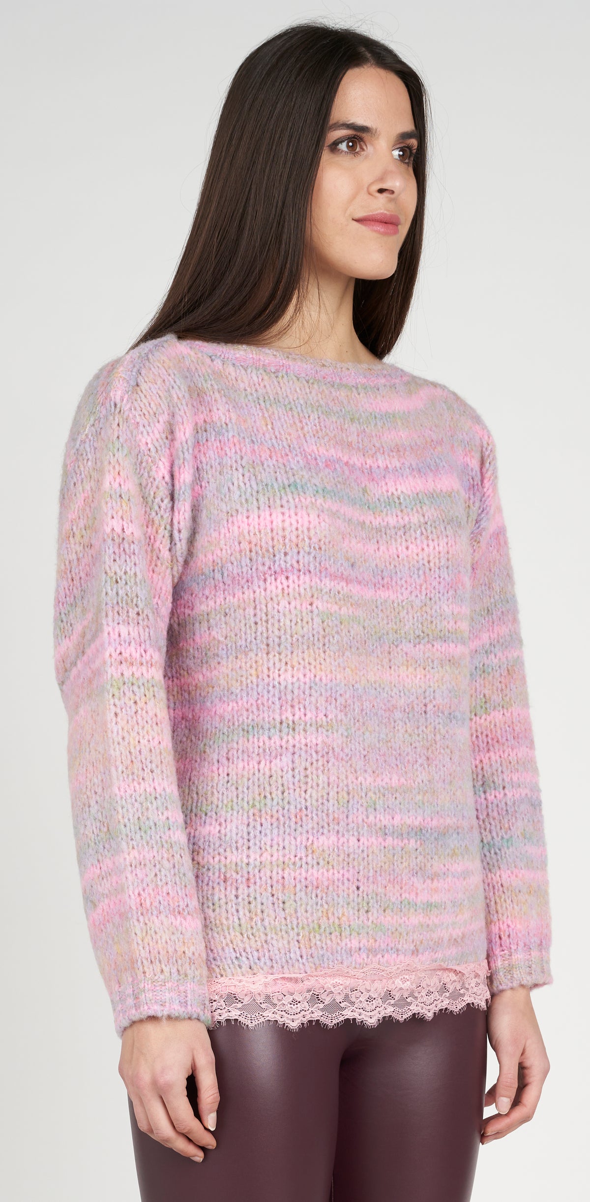Pink melange boat neck top with lace