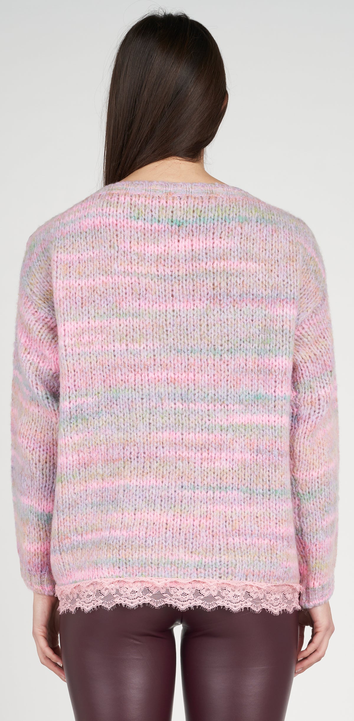 Pink melange boat neck top with lace