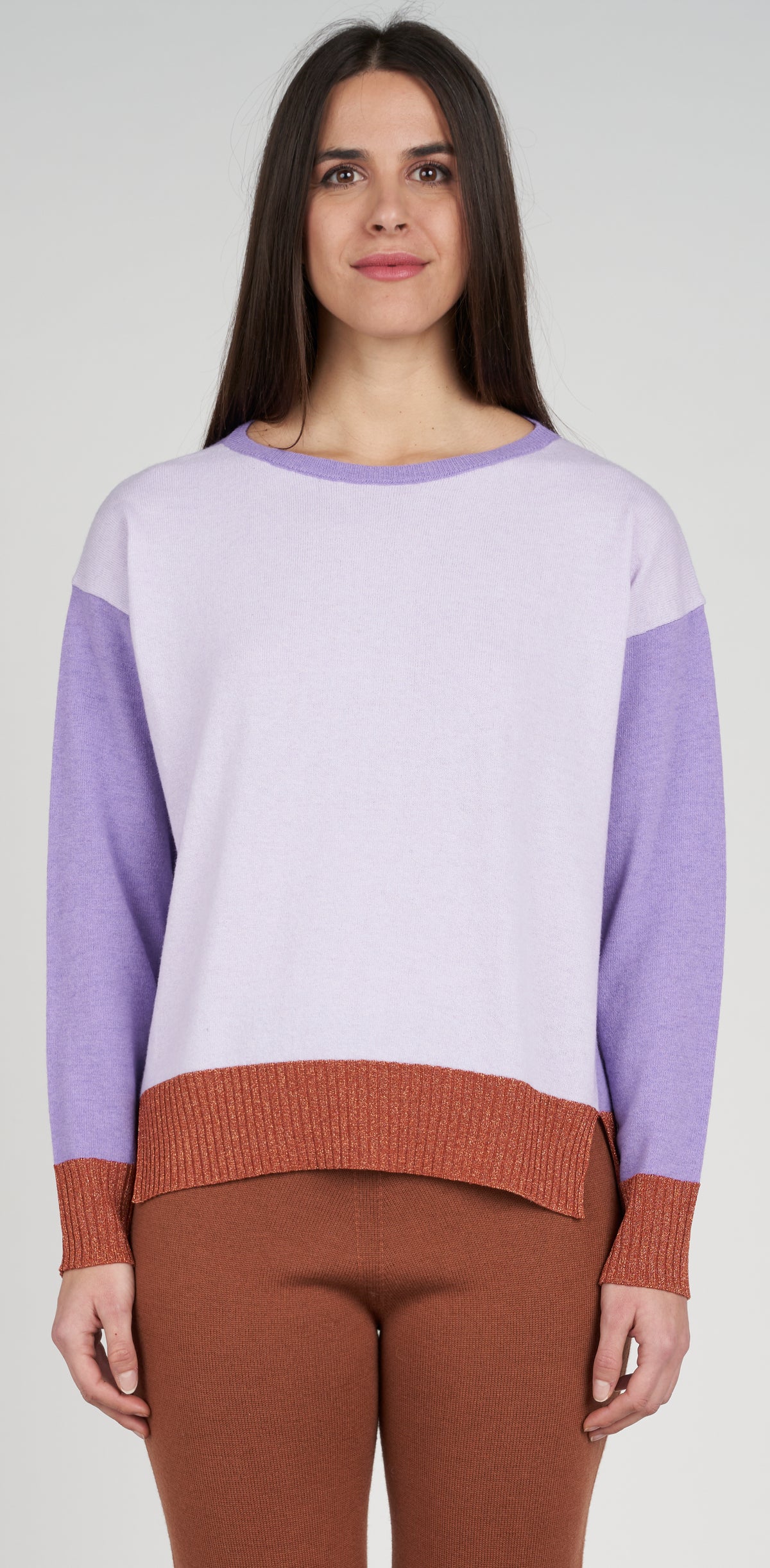 Two-tone lurex crew-neck jumper with contrasting trim and cuffs