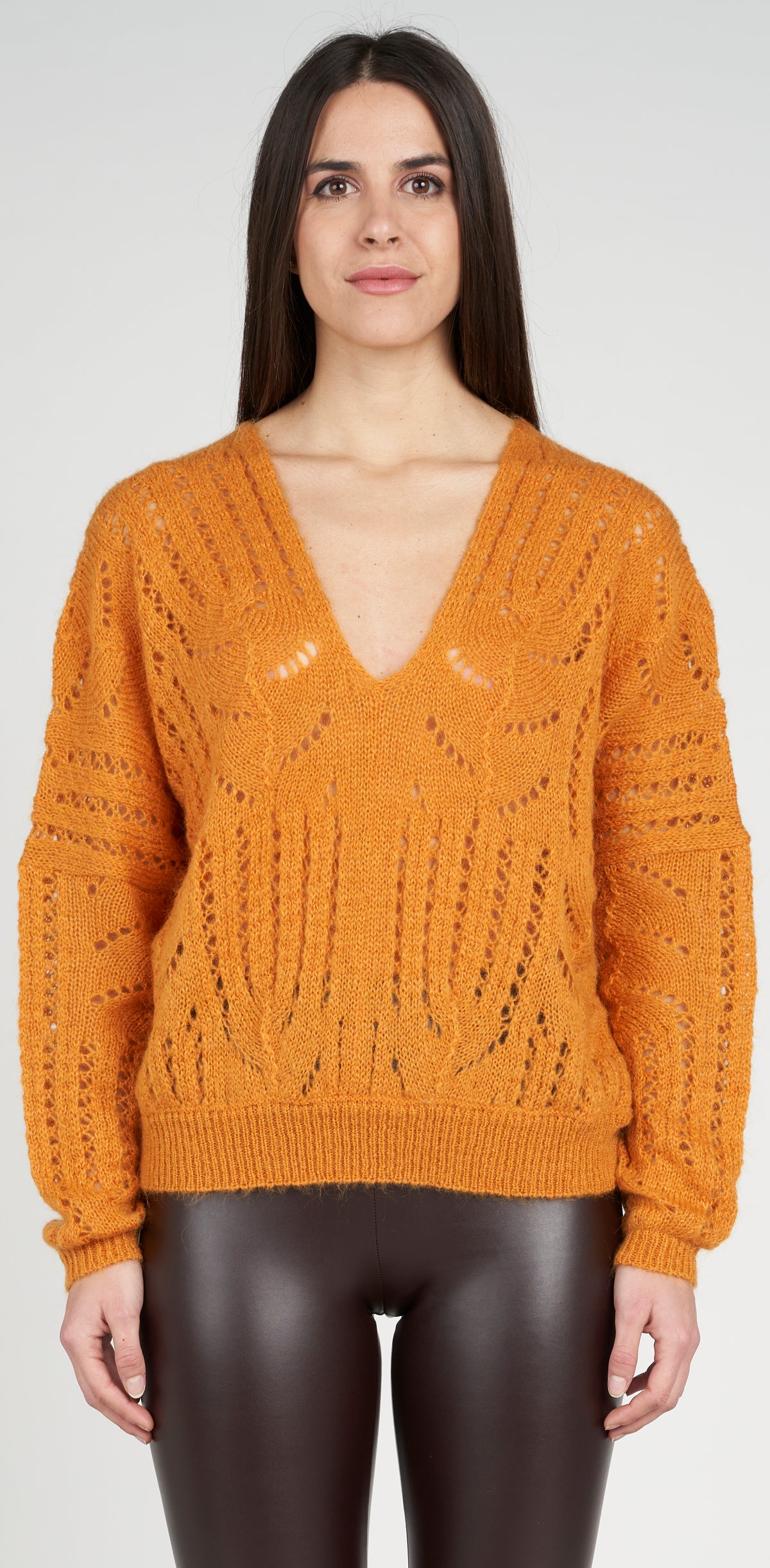 Open-knit V-neck jumper