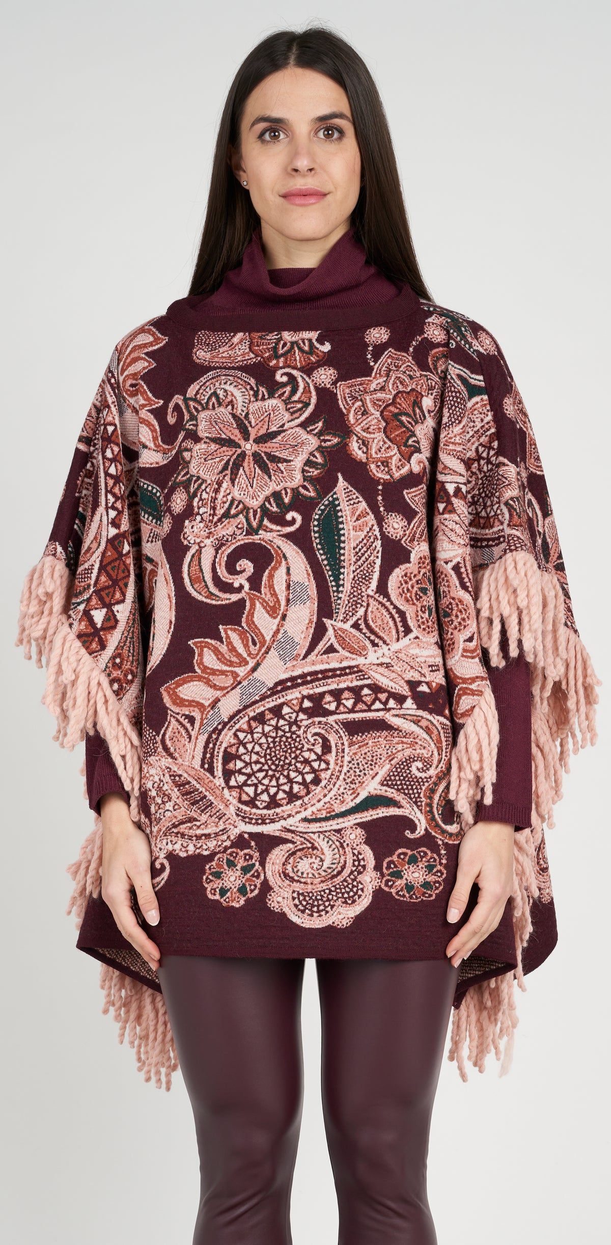 Plum jacquard poncho with trim