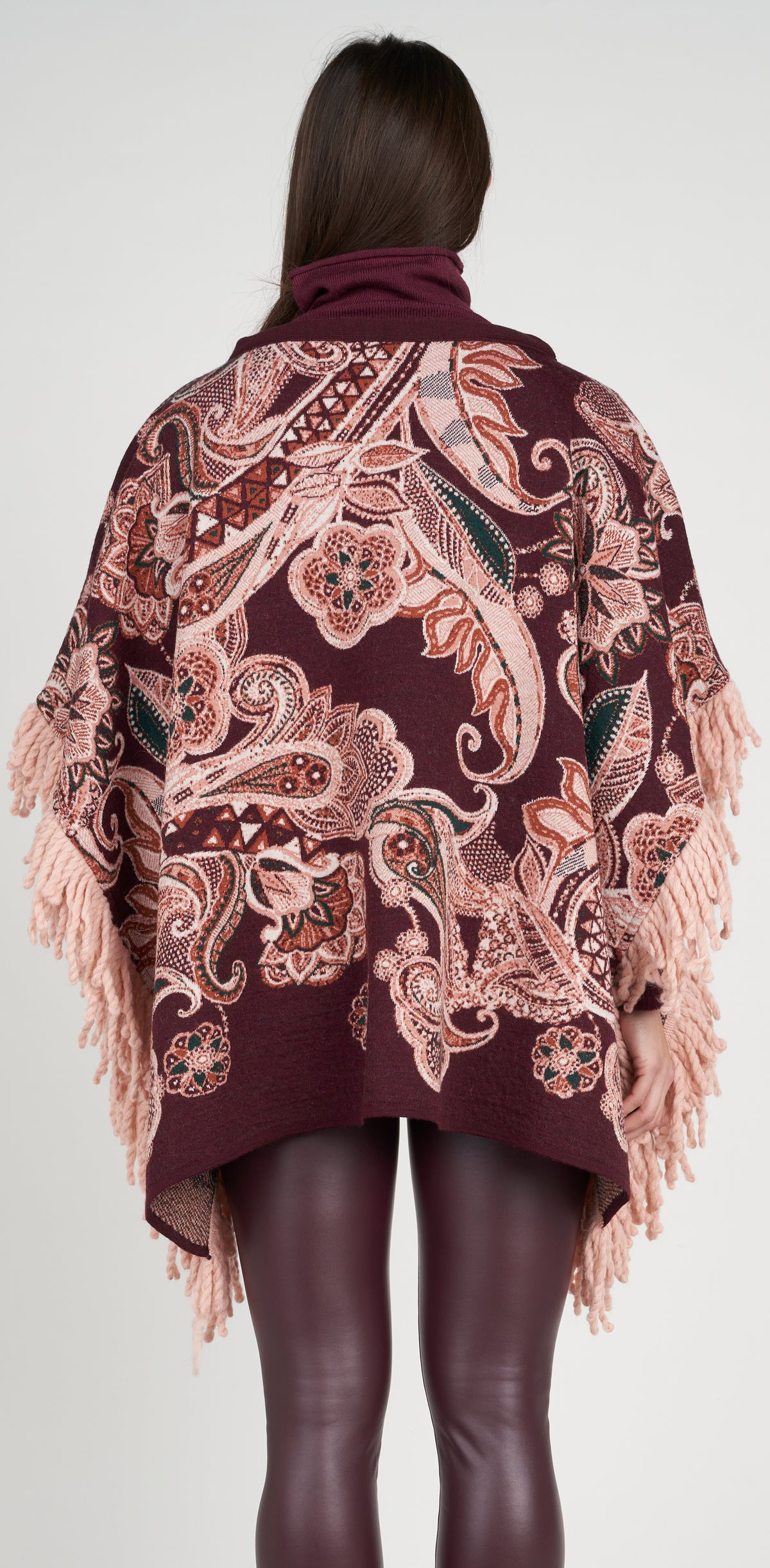 Plum jacquard poncho with trim