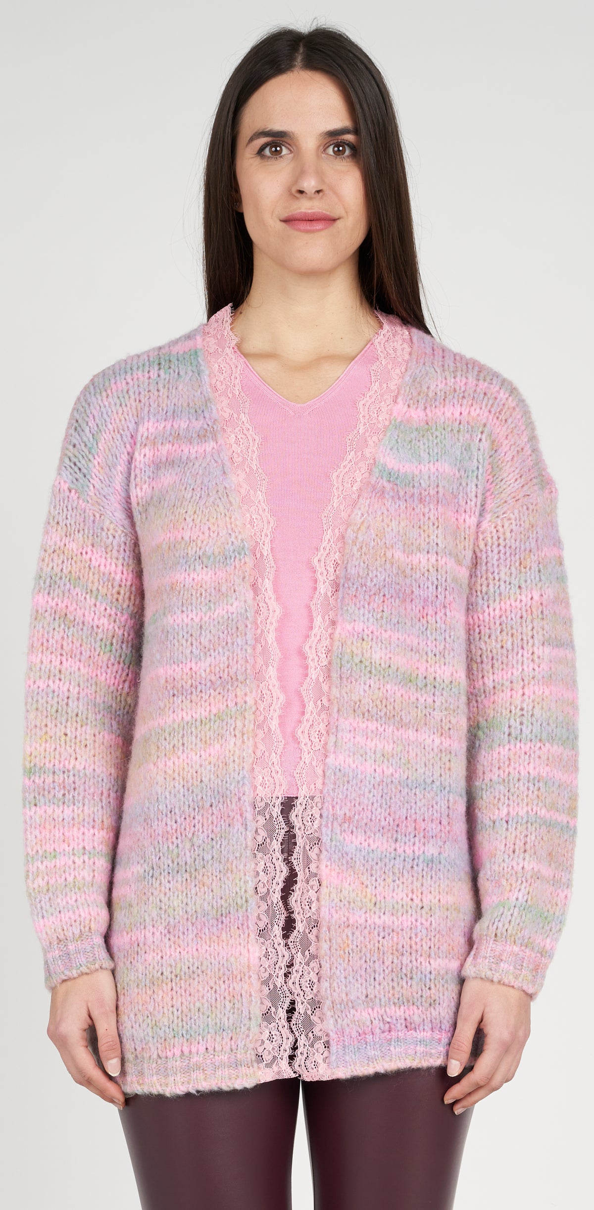 Pink melange cardigan with lace