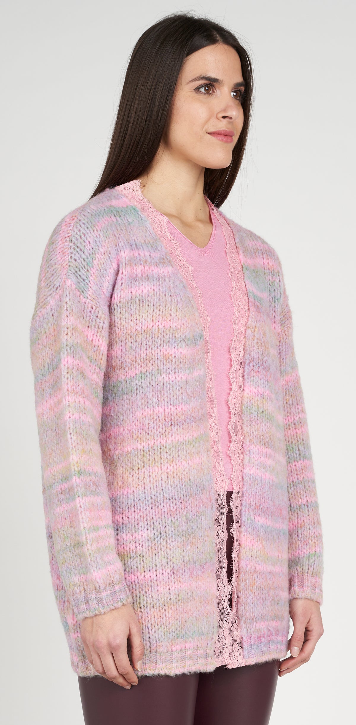 Pink melange cardigan with lace
