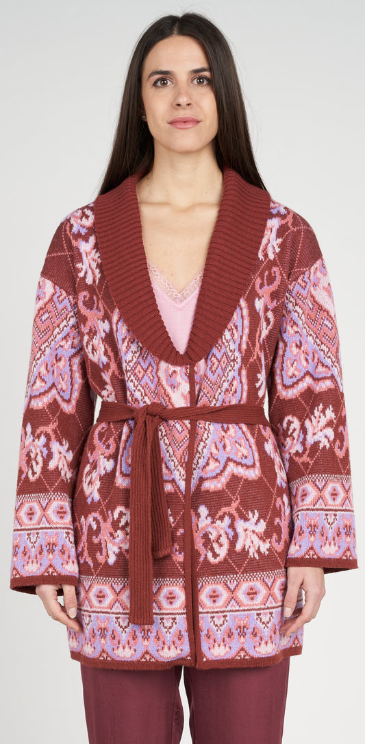 Cappotto jacquard caramello con cintura inclusa