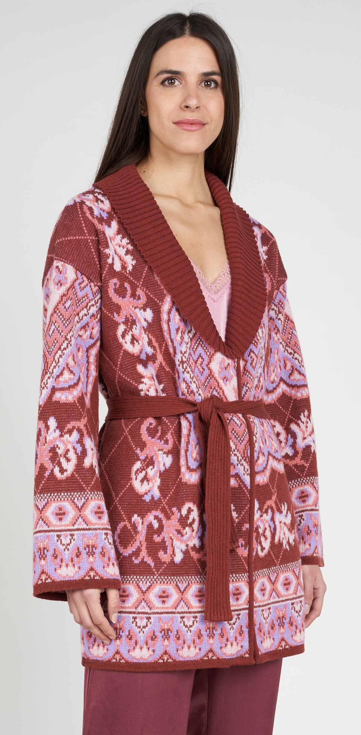 Caramel jacquard coat with belt
