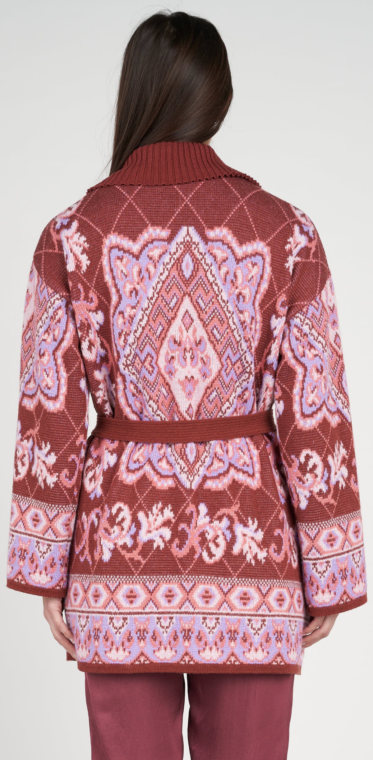 Caramel jacquard coat with belt