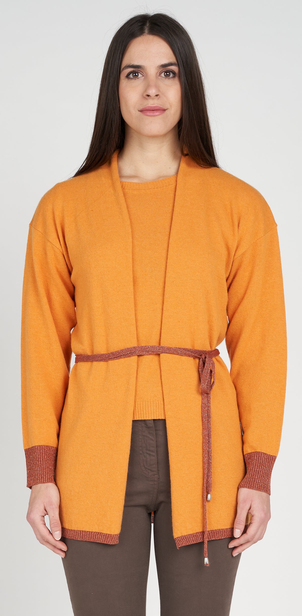 Lurex cardigan with border and cuffs, including belt