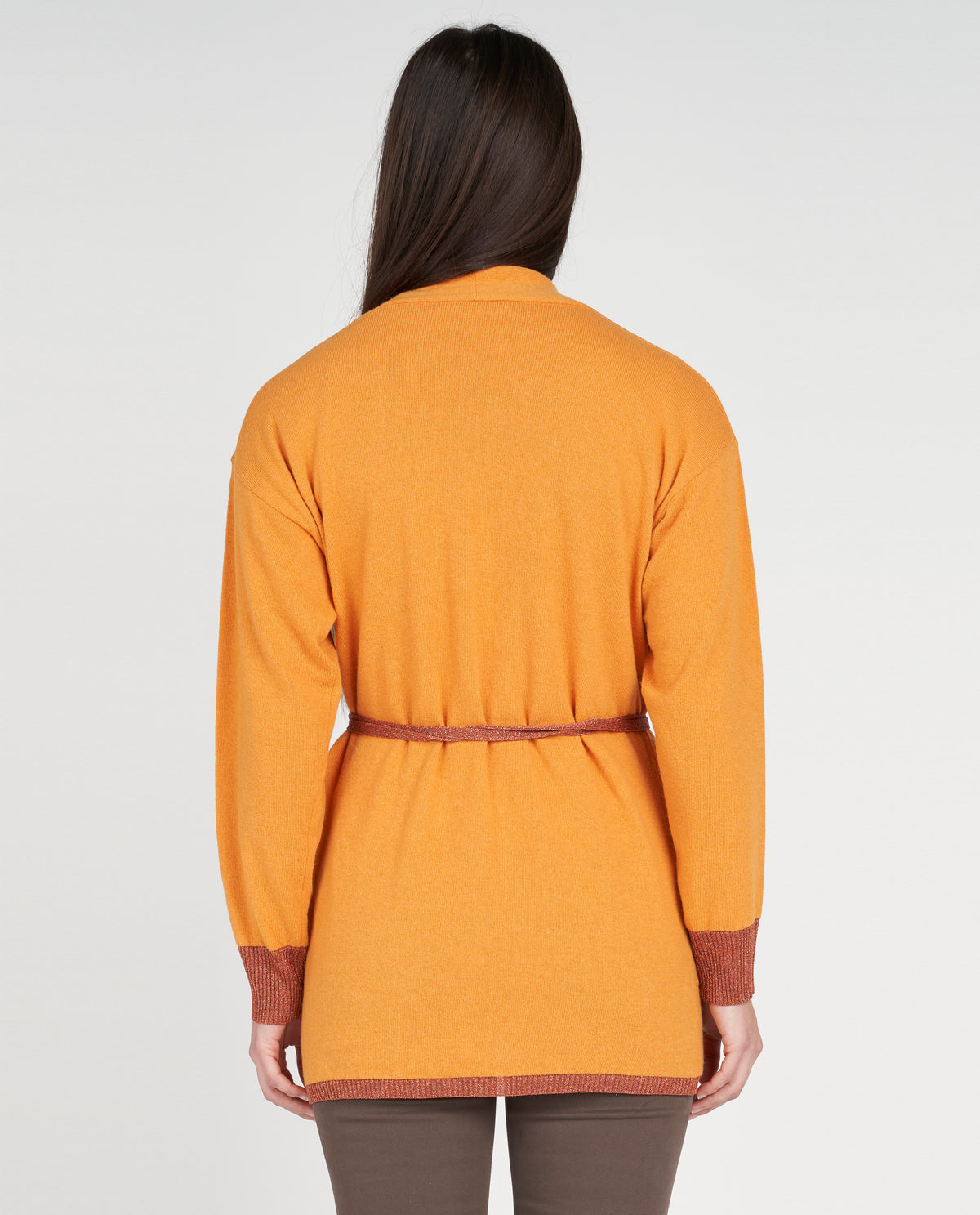 Lurex cardigan with border and cuffs, including belt