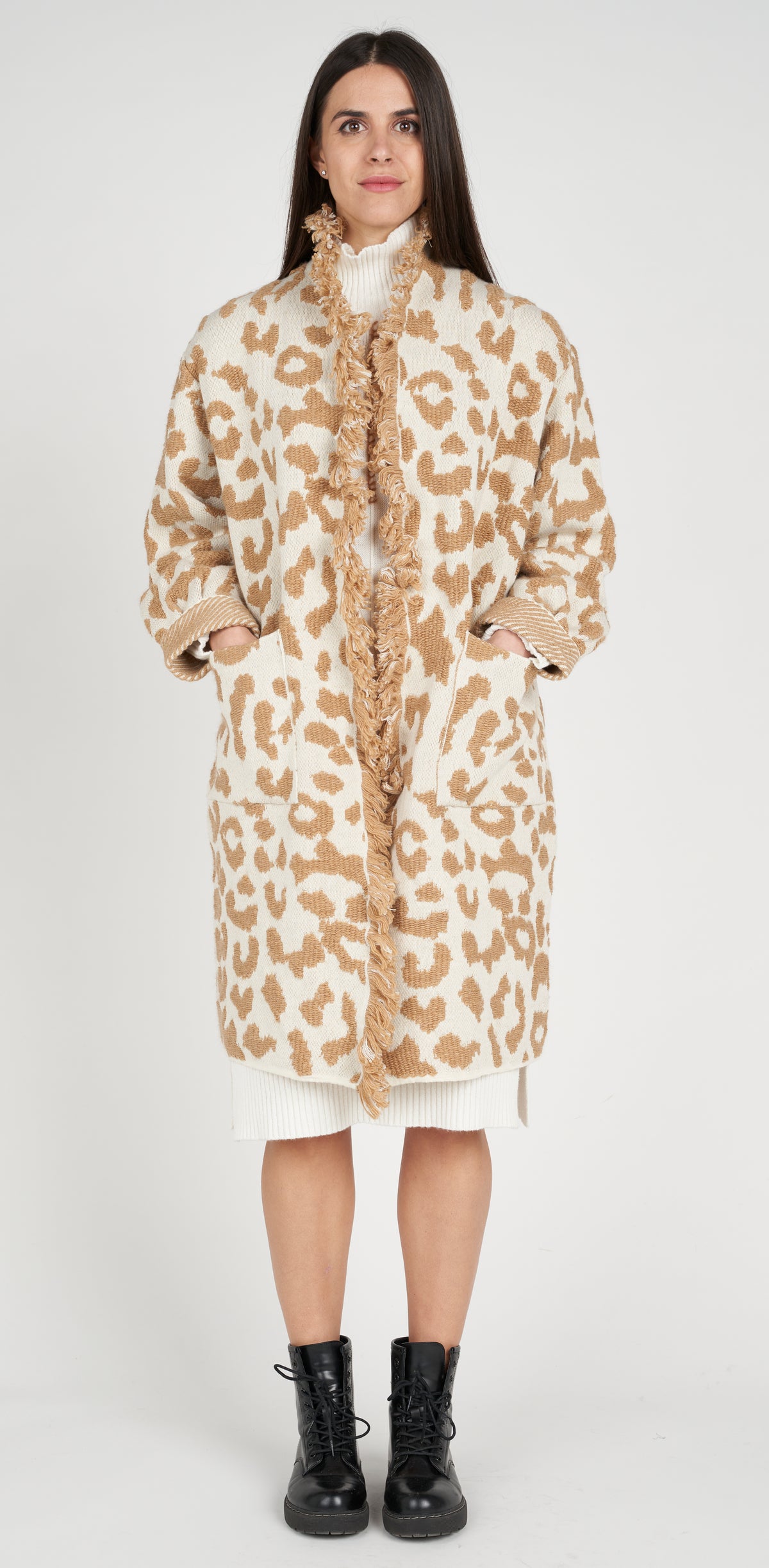 Fringed animal print coat